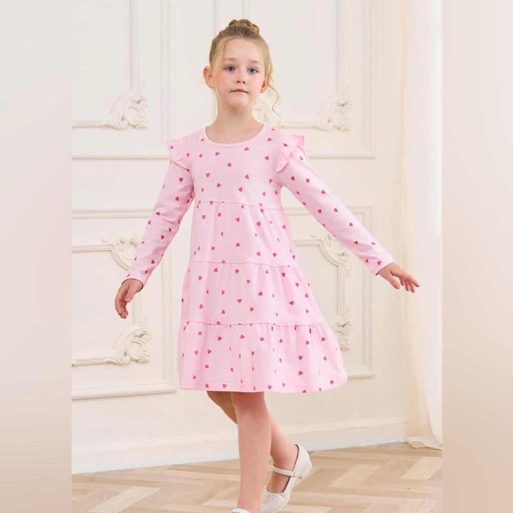 Girls Bumeex Long Sleeve Heart Valentine Tiered Cotto. A-line Dress NWT 10/11 Yr